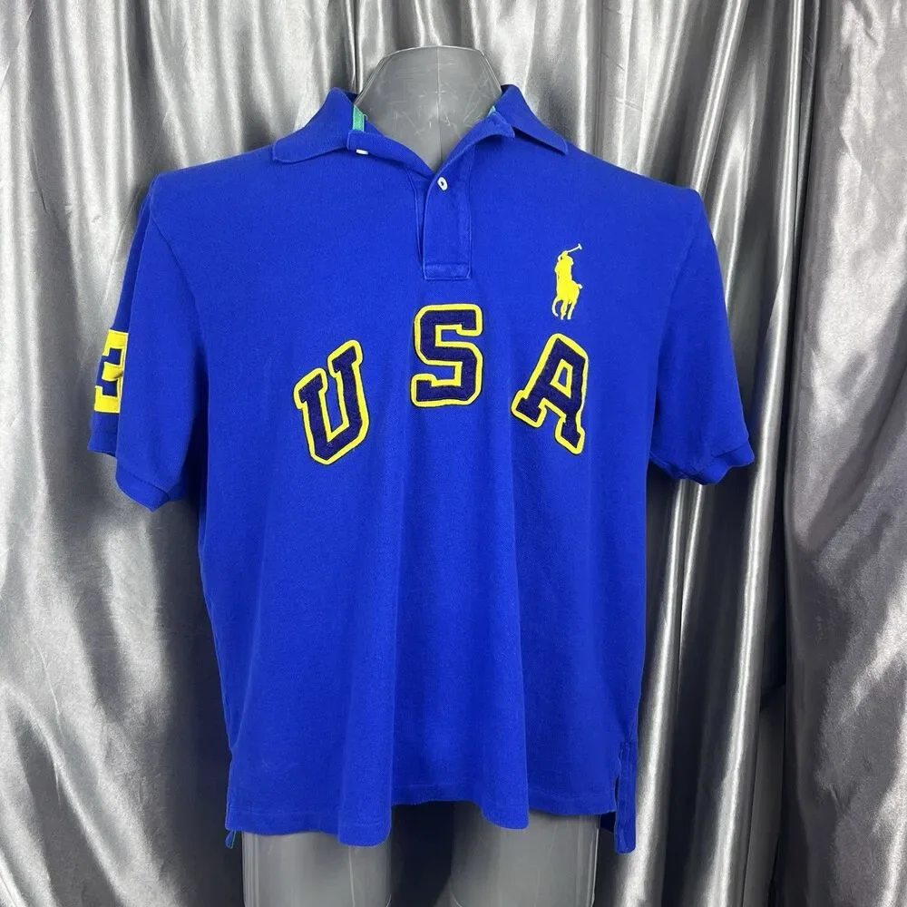 VTG Polo Ralph Lauren Men’s 2XB Blue Spellout Big Pony #3 Short‎ Sleeve 90s USA